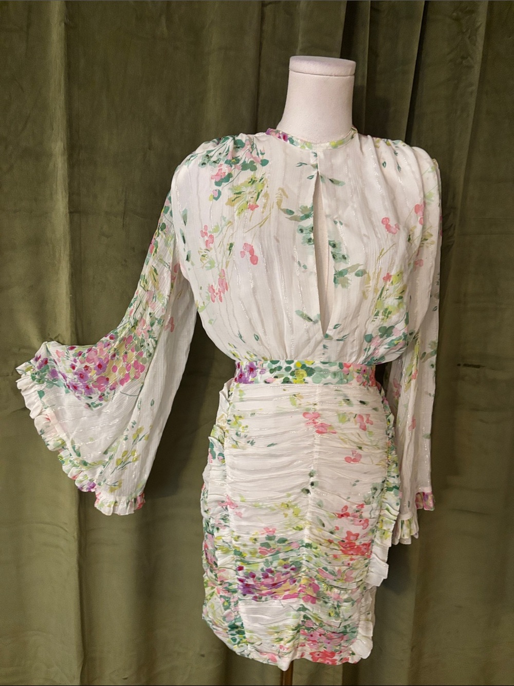 Sabina Musayev Floral Mini Dress in White & Pink, XS